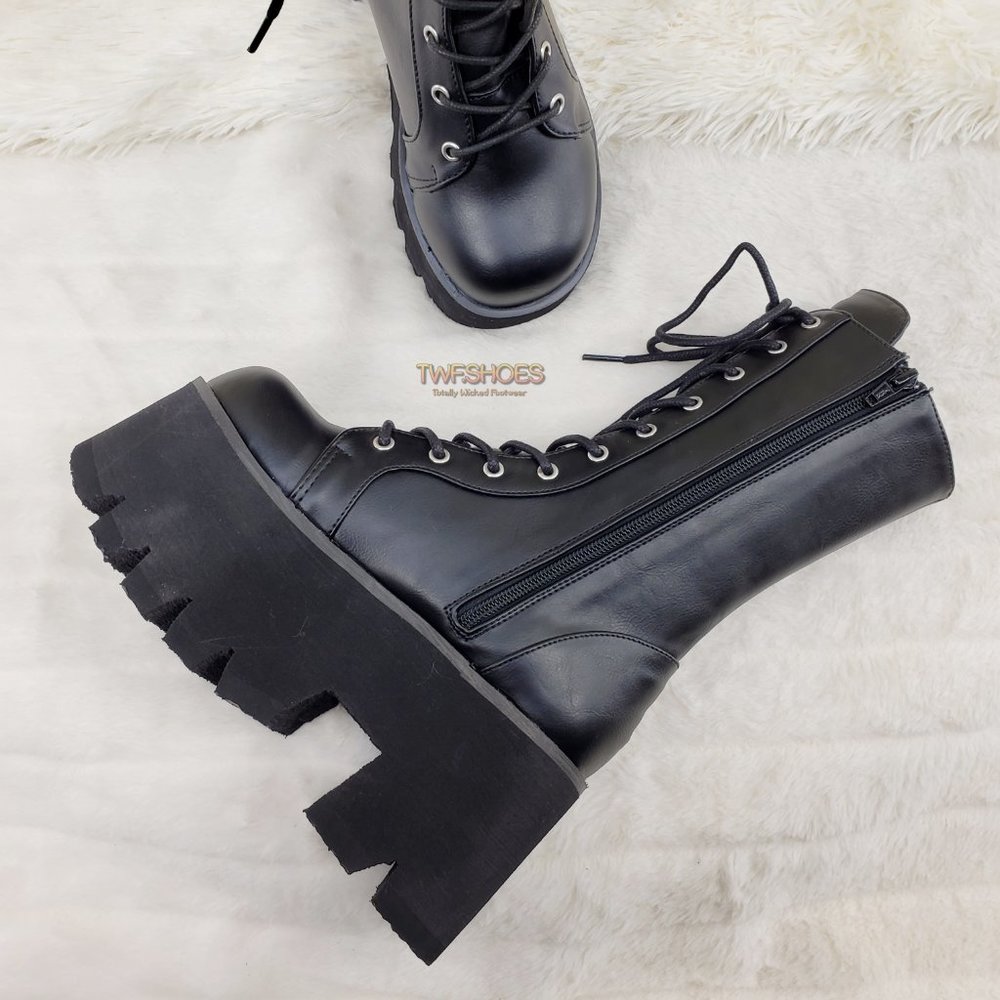 Ashes Black Matte Platform Goth Punk Mid Calf Combat Boots - Picture 5 of 14